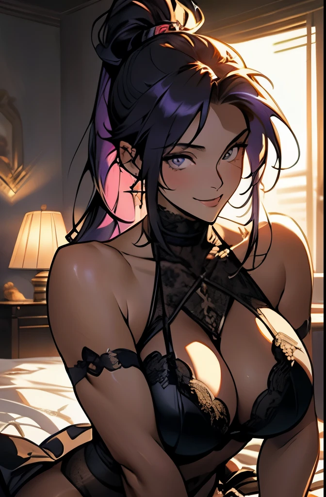 Anime, a glamour shot of a smiling Akeno Himejima (extremely long Purple hair in a high ponytail), enormous breasts, big ass, Sitting demurely with her legs crossed on her bed, leaning toward the viewer, cowgirl, with Smokey eyes and knowing smile, sexy revealing lingerie, underboob, side boob, insanely detailed face and eyes, intricate, hyper-detailed bedroom, digital illustration, masterpiece, beautiful eyes, atmospheric lighting, centered, perfect anatomy, glowing eyes, candid portrait, clear, very detailed, smooth, sharp focus, focused on the viewer