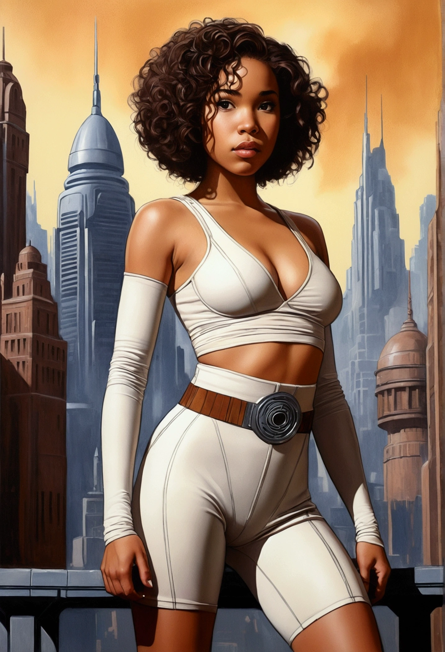 An illustrated movie poster, hand-drawn, full color, a teenage Jedi, 18-years-old, female, wearing a crop top and leggings, athletic hourglass figure, busty bosoms, full wide hips, massive round butt, long shapely legs, ridiculously thick powerful thighs, hazel eyes, dark hair, kinky curly bob cut, warm brown complexion, resembles Alexandra Shipp, standing above Coruscant, graphite shading, stencil marks, airbrushed acrylic paint, masterpiece, in the style of Drew Struzan 