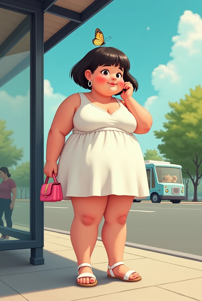 a young looking very fat woman with short straight hair, wearing big round rings, and a very short white dress, and white sandals , standing at the bus stop looking away at the distance. She's touching her hair gently with one hand. She's carrying a small pink purse, and a small butterfly is on her head.