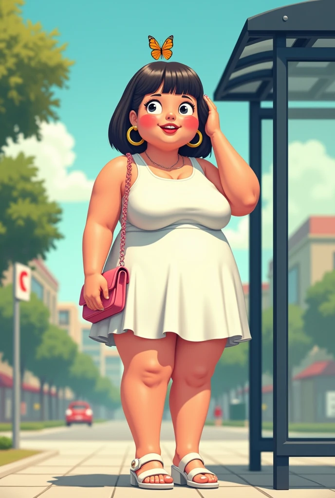 a young looking very fat woman with short straight hair, wearing big round rings, and a very short white dress, and white sandals , standing at the bus stop looking away at the distance. She's touching her hair gently with one hand. She's carrying a small pink purse, and a small butterfly is on her head.