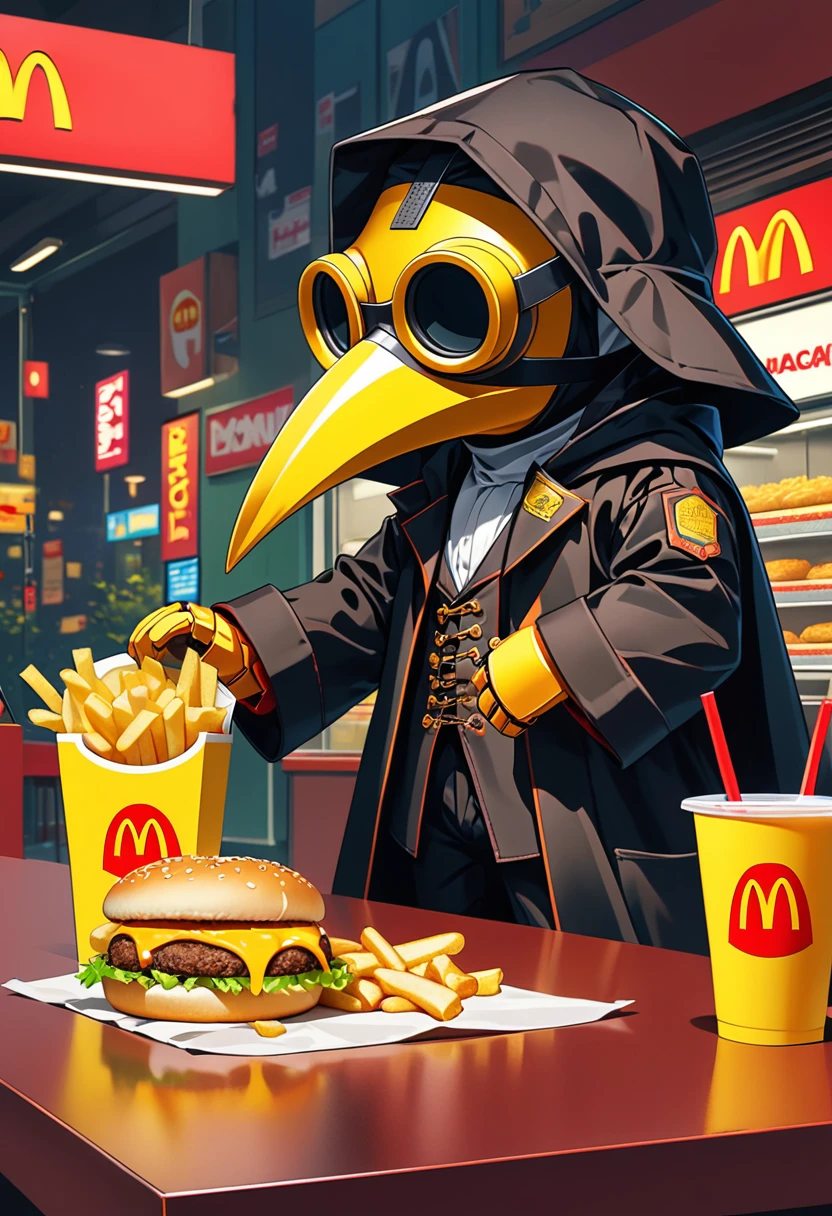 (masterpiece, best quality:1.1), (ultra highres, ultra-detailed:1.2),pop-art style,flatcolor, (he is eating a big mac),French fries, juice, and McNuggets are placed on the table.,(in McDonald's shop), BREAK chibi-boy,((wearing plague-doctor costume,plague-doctor mask)),eyes glow yellow,black hood and lab-coat, mecha arm,