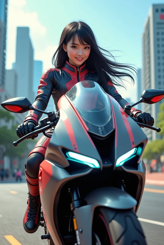 Cute Chinese girl riding a super bike