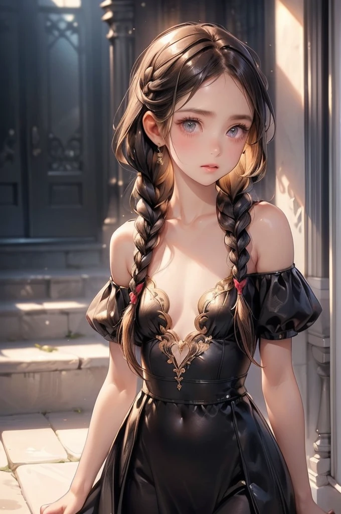 ((best quality)), ((masterpiece)), (detailed), 1 Girl, (Big forehead:1.2),extremely detailed cute anime face, (((flat chest))), (flat chest:1.1),((((long double braids,tight braids,Long braids,Braided Hair,Long hair)))),Complex eyes,beautiful detailed eyes,Symmetrical eyes,(((detailed face))),beautiful detailed lips, Look at this, (((Awkward))),(Frightened expression),(panic),(cry),high resolution,(best quality),(ultra detailed,extremely detailed),Perfect face details, ((masterpiece:1.4, best quality))+, (ultra detailed)+, Long twin tails, Cute girl, (flat chest:1.1), Small Breasts, slim, Skinny, (Narrow hips), Protruding collarbone, Skinny arms, Flat belly, Visible hip bone, Long hair, Red hair, White hair, Blonde Hair, Black Hair, Ponytail, thick Ponytail, heavy Ponytail, Small Breasts, Perfect face, Small Breasts (flat chest:1.1), National Science Foundation, Long off-shoulder dress,Detailed body,Complete limbs,(From the back), (veer), National Science Foundation, (flat chest:1.1), nude