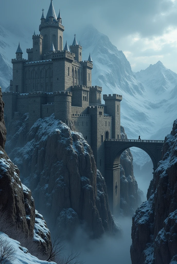 style fantasy, forteresse construite en roche, sur une montagne enneigée avec un pont de pierre au-dessus d'un ravin, de nuit et pendant une tempête de neige