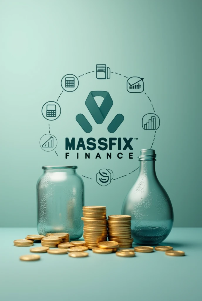 Create a Massfix Finance Profile Picture, a company specialized in glass recycling. The image must reflect the seriousness and professionalism of the financial sector, incorporating visual elements related to recycling and sustainability, Not including people. Use the Massfix logo prominently and add subtle icons that represent finance, like graphics, calculators or coins. The design should have a color palette that matches the company logo., with a simple and elegant background.