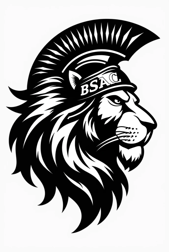 Black and White Lion head side view wearing Spartan Helmet, icon, add the letters BSAC in the lion head