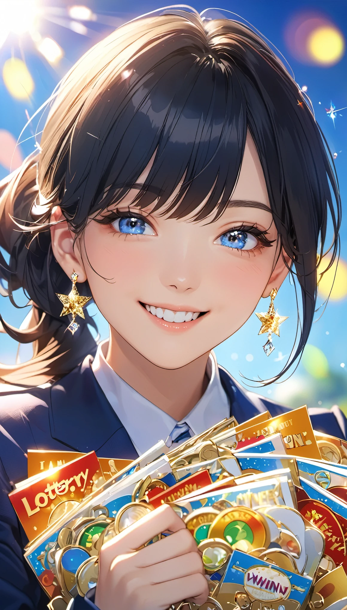 High resolution, masterpiece, accurate, Winner of numerous awards, ネオンアートOne 1, smile, bangs, Earrings, smile, blue eyes, Sparkle Effect, Lens flare, Background blur, anime, I am feeling happy about winning the lottery.