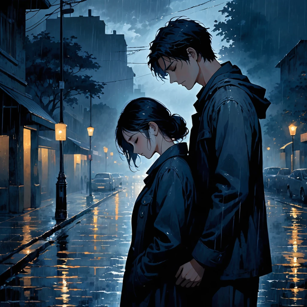 A powerful image that complements the lyrics provided, showing a scene of two people standing together in a stormy night, one comforting the other. The background is a dark, rain-soaked street with dim streetlights barely illuminating the surroundings. The comforting person stands tall and strong, while the other leans on them, conveying trust and support. The image should evoke a sense of deep friendship, unwavering support, and resilience through hardship. The color palette should be moody with dark blues and grays, contrasting with a subtle warm glow around the figures to signify hope and warmth