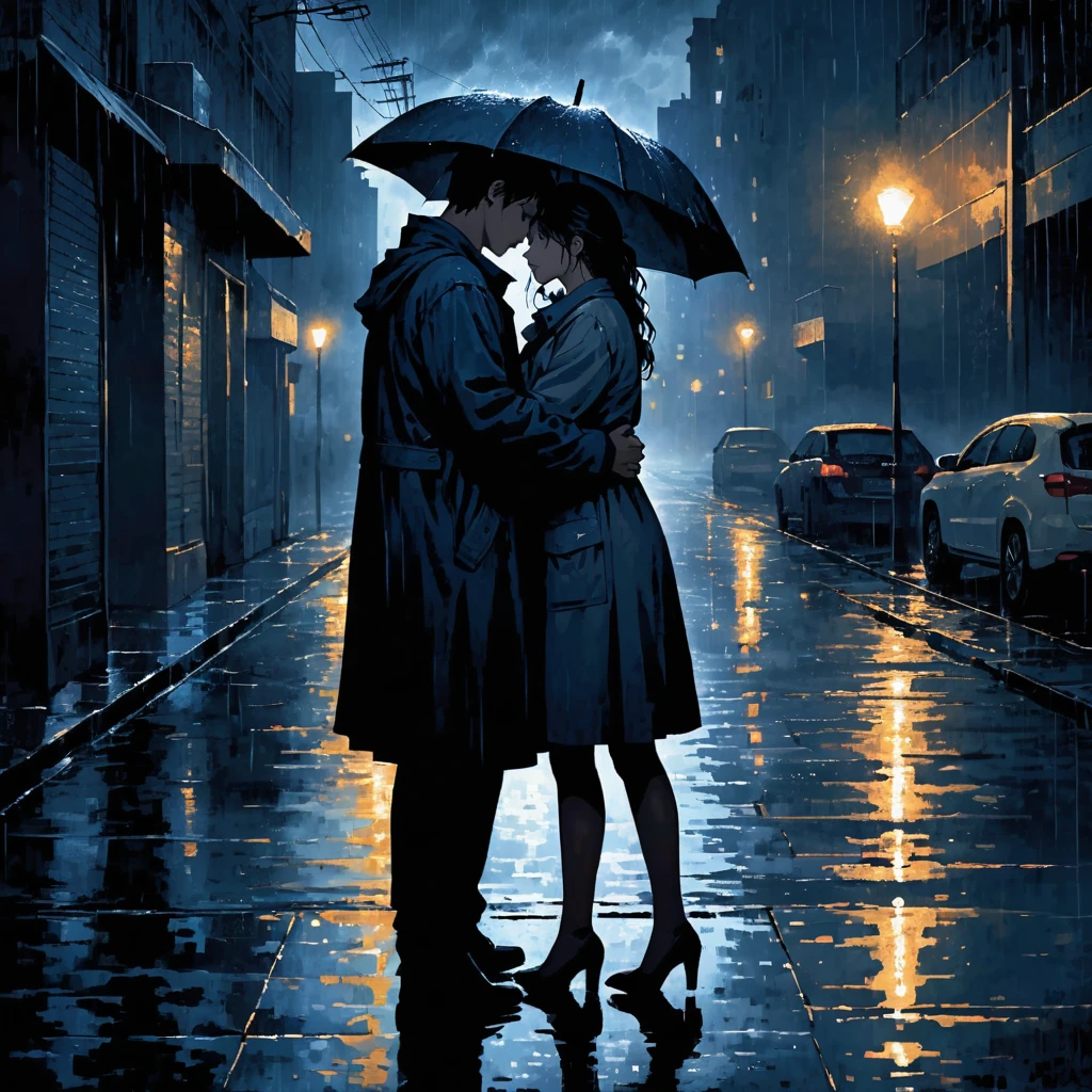 A powerful image that complements the lyrics provided, showing a scene of two people standing together in a stormy night, one comforting the other. The background is a dark, rain-soaked street with dim streetlights barely illuminating the surroundings. The comforting person stands tall and strong, while the other leans on them, conveying trust and support. The image should evoke a sense of deep friendship, unwavering support, and resilience through hardship. The color palette should be moody with dark blues and grays, contrasting with a subtle warm glow around the figures to signify hope and warmth