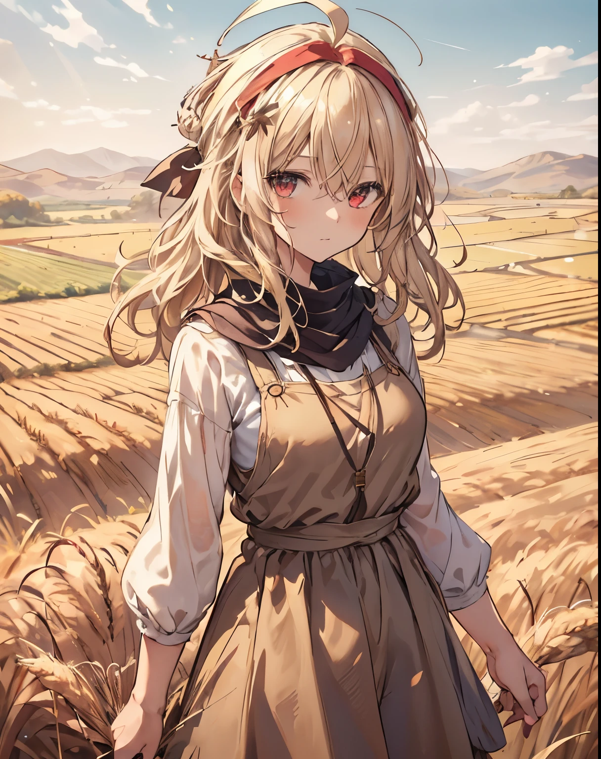 masterpiece, 1girl, sparrow, a blonde haired girl, wearing a villager clothes, curly medium hair, messy hair, slim body, wearing farmer clothes, he close her left eye, shirt ornament, serious expression, red eyes, stand at wheat field, ahoge, beautiful eyes, medium breats, beautiful breasts, rounded breasts, farmer bandana, medieval farmer