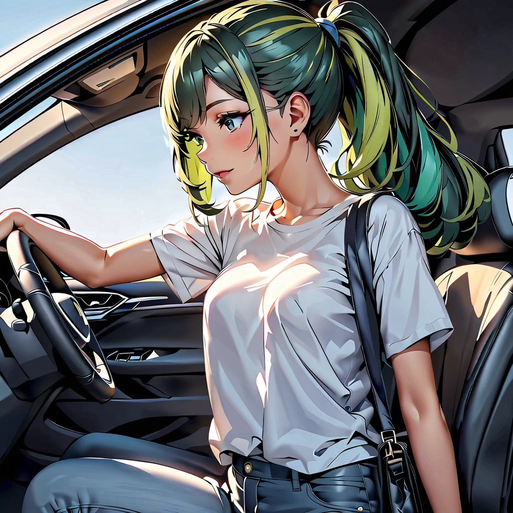 (highest quality:1.2, Very detailed, up to date, Vibrant, Ultra-high resolution, High Contrast, masterpiece:1.2, highest quality, Best aesthetics), Portraiture、girl, (slim:1.2), Bright colors、Beautiful fine details、Beautiful lip detail, long hair, (ponytail:1.3), white and yellow green ((streaked hair:1.6)), highlights hair: 1.5, (small breast:1) (tan skin:1.2), t-shirt, jeans shorts, shoulder bag, standing side of her car, blue sky