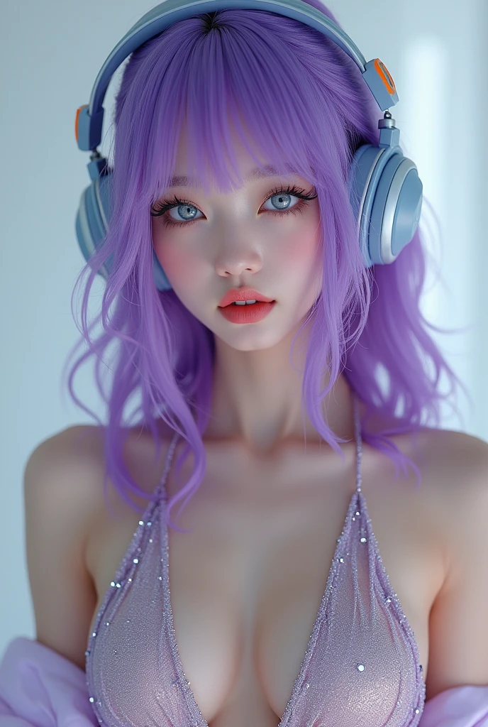 Korean purple hair butterfly woman with headphone and shiny plunging neckline dress make a braless look full body perfect full body