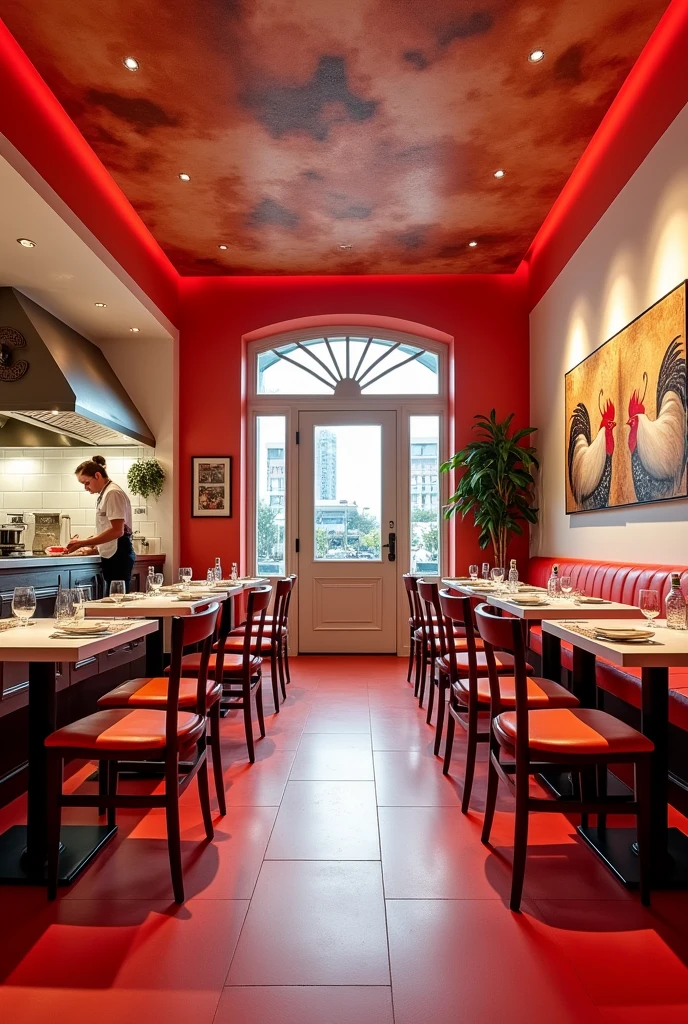 A salon for a restorant, Walls panited white and red and Has a Chicken picture, an open kitchen on the left side and chefs working, red and white abstract cceiling with d/f spot lights, redish Brown light from the spot lights, Has a glass door that opens in two sides,has picture of two faced each other Chickens on the doors,Menu on every table,