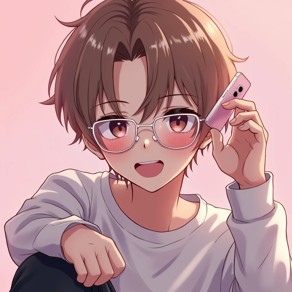 1boy avec les cheveux brun clair courts avec des yeux brun foncé et des lunette ovale rose blanc avec un crop top en laine blanc et un cargo noir et il tient son iPhone dans une main avec un coque transparent et il est fort rapproché de la caméra on voit sa tête en grand plan 
Fond snapchat flitre rose
Style anime