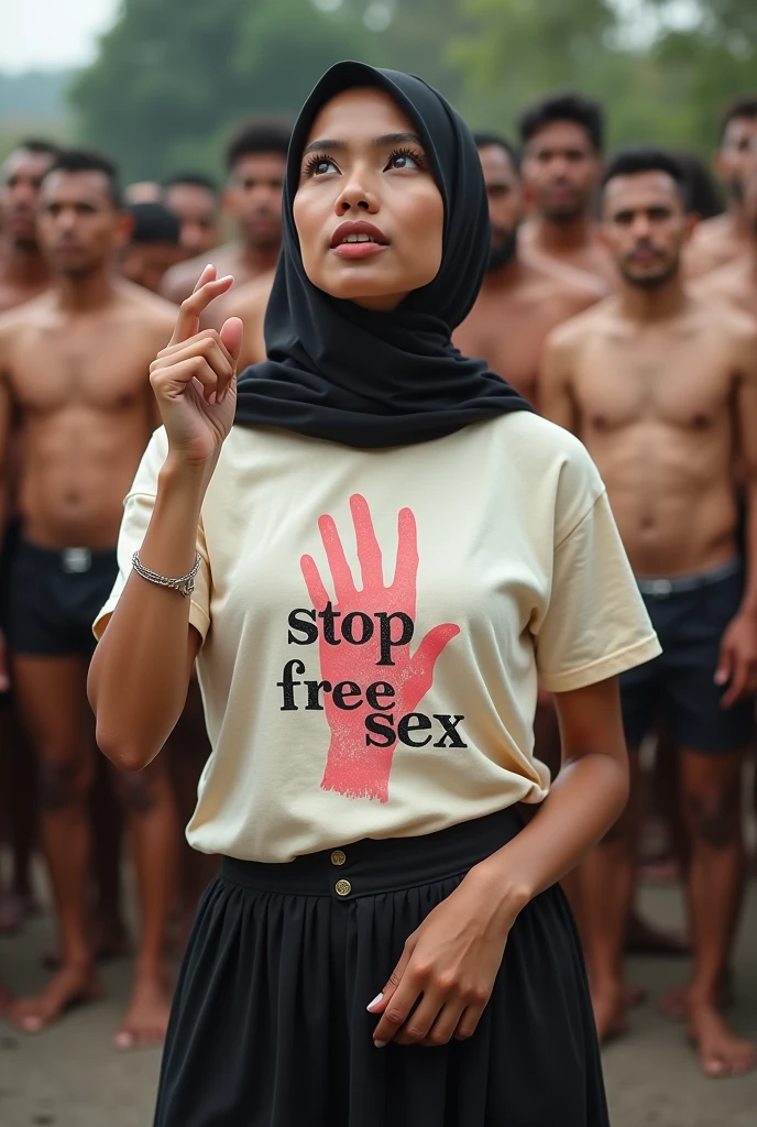 A hijaber indonesian pretty woman, wearing a cream tshirt with a strong vector design featuring a silhouetted image of a five-fingered palm in pastel colour with love and light. The phrase "STOP FREE SEX" is displayed in bold simple elegand, distressed typography with pastel colours, while holding her long skirt, wearing hijab, one-handed pose pointing upwards, in a public place, surrounded by many naked men, jav idol, with front shooting angle, very realistic, (complex detail: 0.9), (hdr, hyperdetail: 1.2), RAW, Sony Alpha a9 II, 24-105mm f/4, HDR,