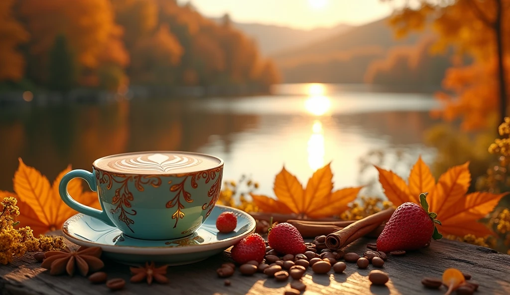 coffee latte with small candle, coffee beans, cinnamon sticks, star anise pods, autumn leaves, yellow flowers and strawberries scattered around with a very striking presentation in the drink on table , bench,sunset,daisies, autumn, The body of the cup features intricate, delicate gold, strongly influenced by the Art Nouveau decorative style, inspired by nature, with soft curves, leaf motifs, flowers and natural figures with a very striking presentation. Background of a beautiful serene lake, sunlight sparkling on the water, red and yellow autumn trees reflecting in the calm blue water, (best quality,4k,8k,highres,masterpiece:1.2),ultra-detailed,(realistic,photorealistic,photo-realistic:1.37),landscape,vibrant colors,dramatic lighting,warm tones,golden hour,tranquil,peaceful,