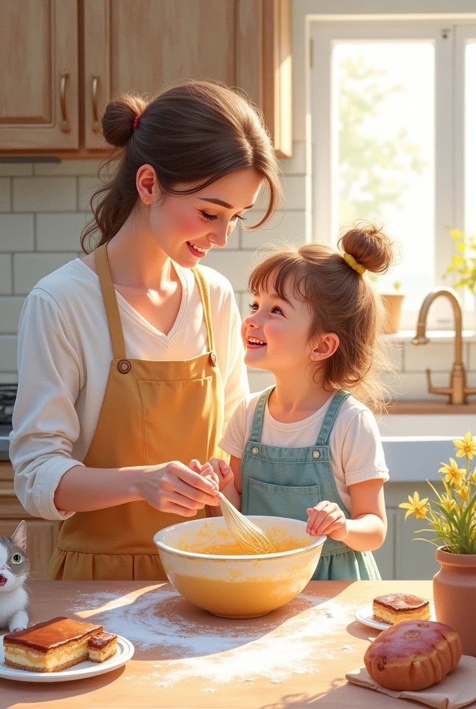 Create a water colour theme about a mother and daughter making dessert in their kitchen.
