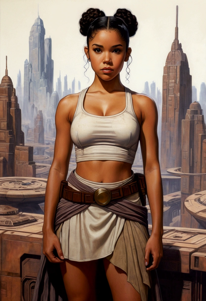 An illustrated movie poster, hand-drawn, full color, a age Jedi, 18-years-old, female, wearing a crop top and a skirt, athletic hourglass figure, busty bosoms, full wide hips, massive round butt, long shapely legs, ridiculously thick powerful thighs, hazel eyes, dark hair, curly ponytail, warm brown complexion, resembles Alexandra Shipp, standing above Coruscant, graphite shading, stencil marks, airbrushed acrylic paint, masterpiece, in the style of Drew Struzan