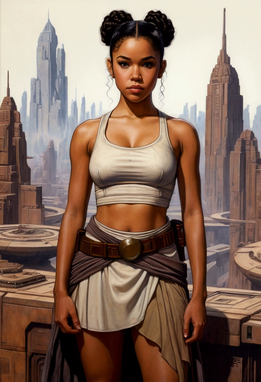 An illustrated movie poster, hand-drawn, full color, a age Jedi, 18-years-old, female, wearing a crop top and a skirt, athletic hourglass figure, busty bosoms, full wide hips, massive round butt, long shapely legs, ridiculously thick powerful thighs, hazel eyes, dark hair, curly ponytail, warm brown complexion, resembles Alexandra Shipp, standing above Coruscant, graphite shading, stencil marks, airbrushed acrylic paint, masterpiece, in the style of Drew Struzan 