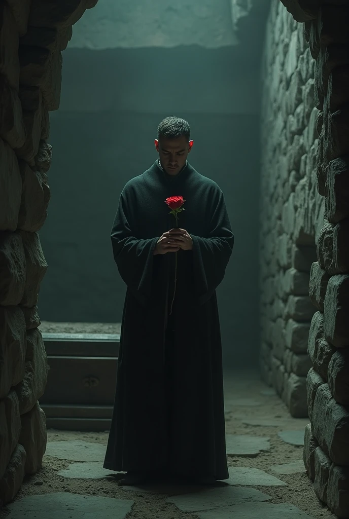 Alone men holding rose inside deaths chamber