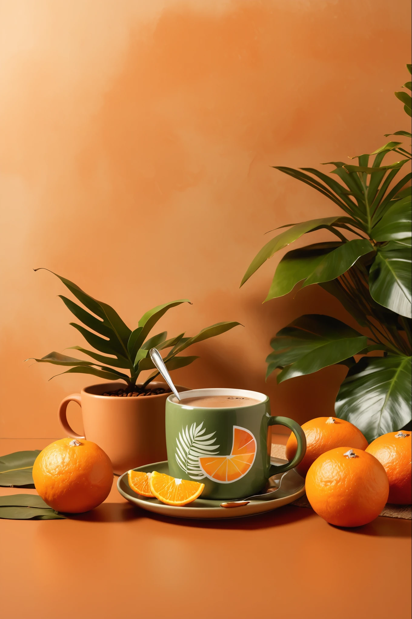 A cozy breakfast scene on a warm-toned tiled table featuring a package of "Tropical Premium Coffee." The coffee bag, with tropical-themed leaf designs, is positioned at the center. Nearby, there is a cup of coffee, fresh croissants, peeled tangerines, and a spoon. In the background, lush green plants and a terracotta-colored mug enhance the natural, relaxing vibe. The overall lighting is warm and inviting, casting soft shadows, while the color palette emphasizes oranges, beiges, and greens, evoking a fresh, tropical mo