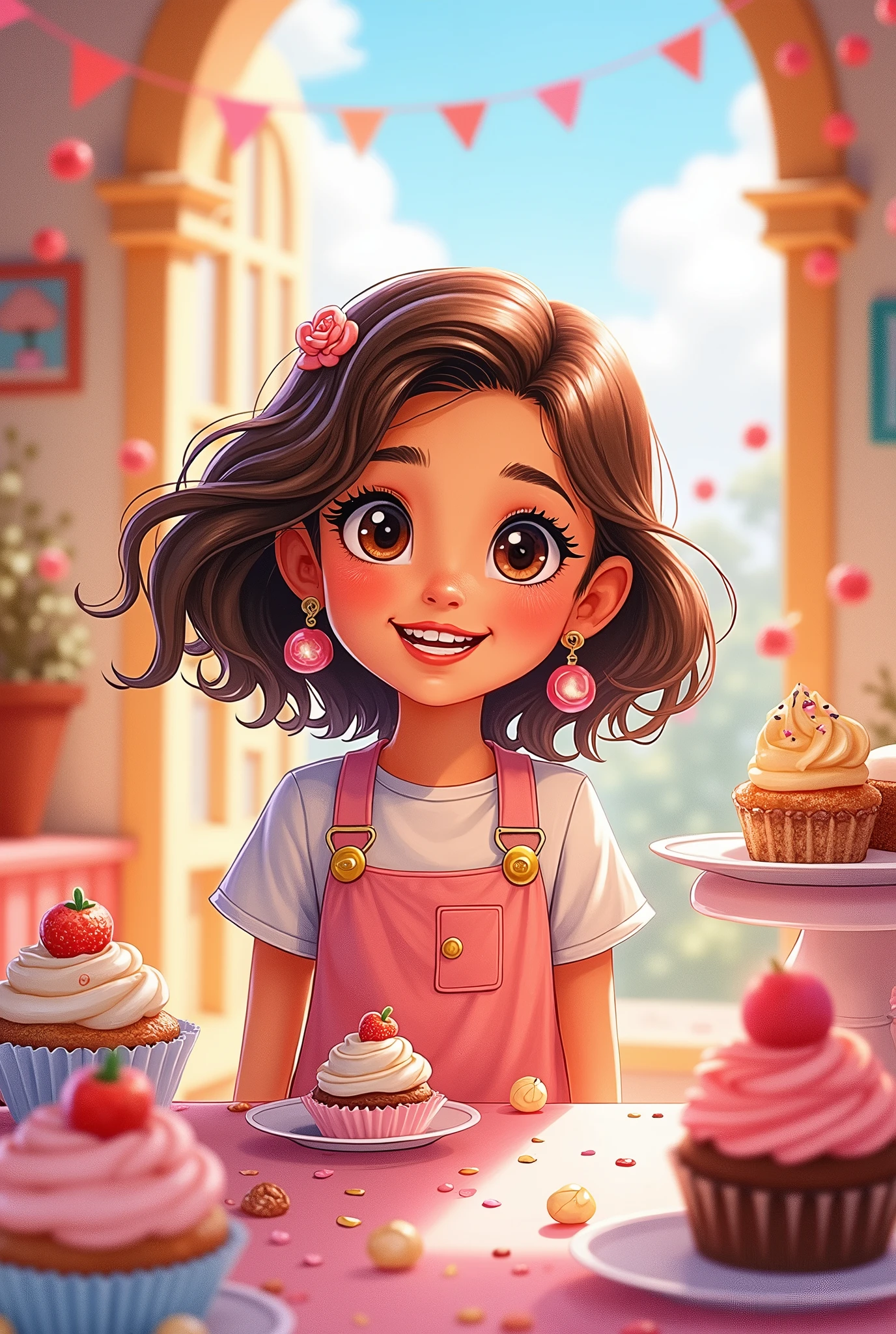 Create a water colour theme of this story "In the heart of Sweetville, there was a cheerful named Vina. Vina loved desserts more than anything in the world. Her favorite time of day was always dessert time!". One sunny afternoon, Vina's mom said, “Today, we’re having a special dessert party with all your friends! But first, we need to prepare the treats.”