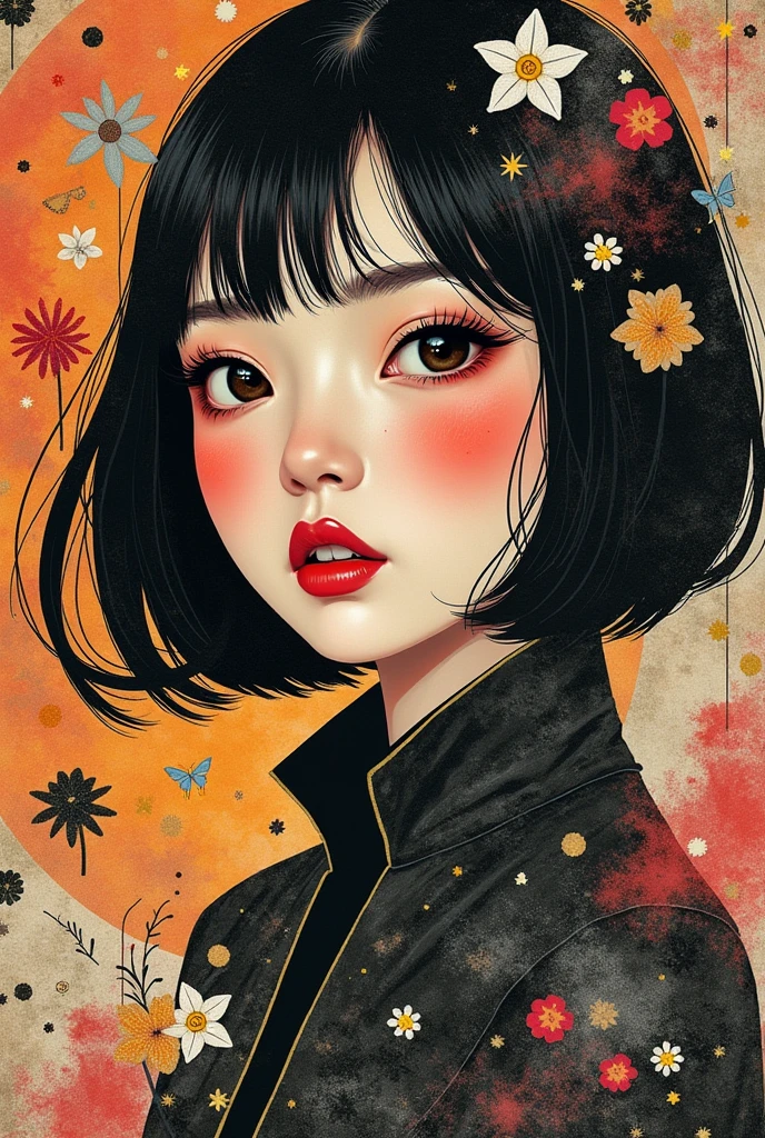 Create a creative arts design, inspired by the art of Moebius using a collage technique with the words "Gucci or The Girl" written within it, korean woman, 