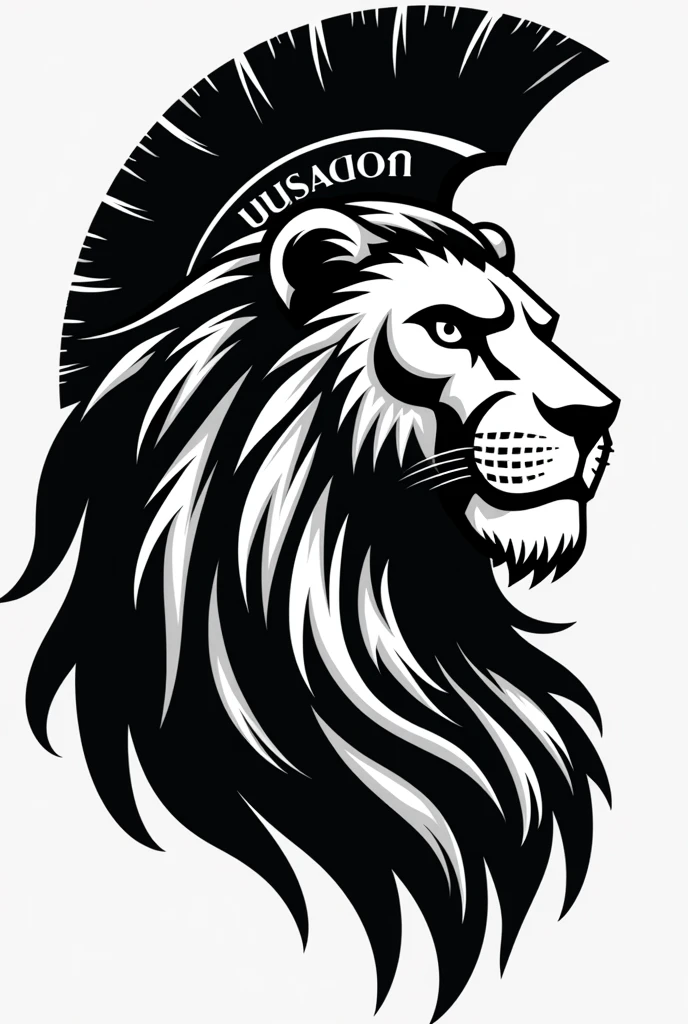 Black and White Lion head side view wearing Spartan Helmet, icon, add the letters BSAC-1 in the lion head