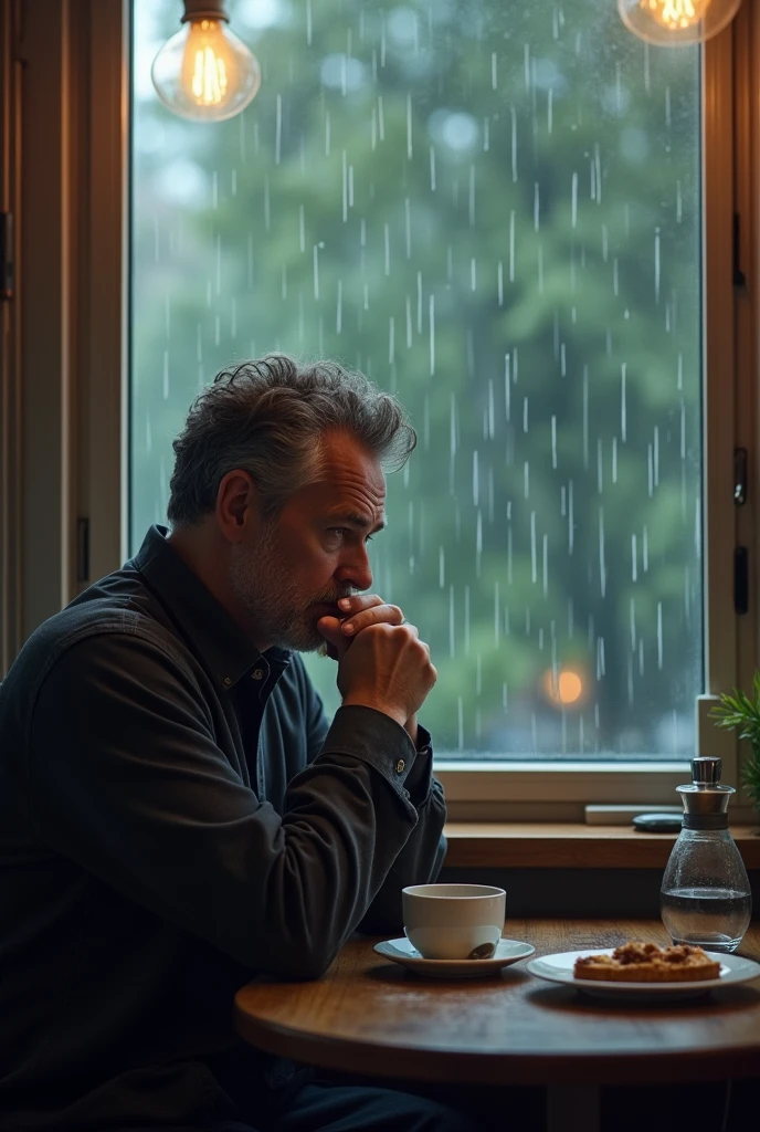On a rainy afternoon, a middle-aged man sits alone in a quiet cafe, with a cup of coffee in front of you. He watches the rain fall down the windows as he rummages thoughtfully through his dessert plate.. What is he thinking?? What are the memories, dreams or worries that are occupying your mind? Describe your thoughts and feelings, and the impact this reflection is having on him.