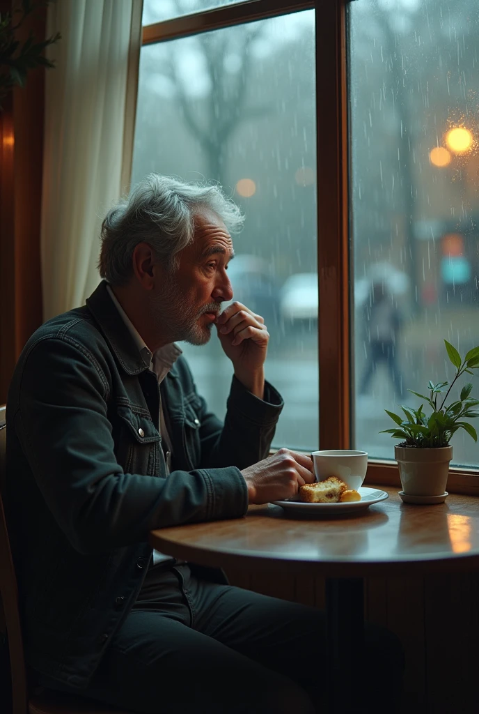 On a rainy afternoon, a middle-aged man sits alone in a quiet cafe, with a cup of coffee in front of you. He watches the rain fall down the windows as he rummages thoughtfully through his dessert plate.. What is he thinking?? What are the memories, dreams or worries that are occupying your mind? Describe your thoughts and feelings, and the impact this reflection is having on him.