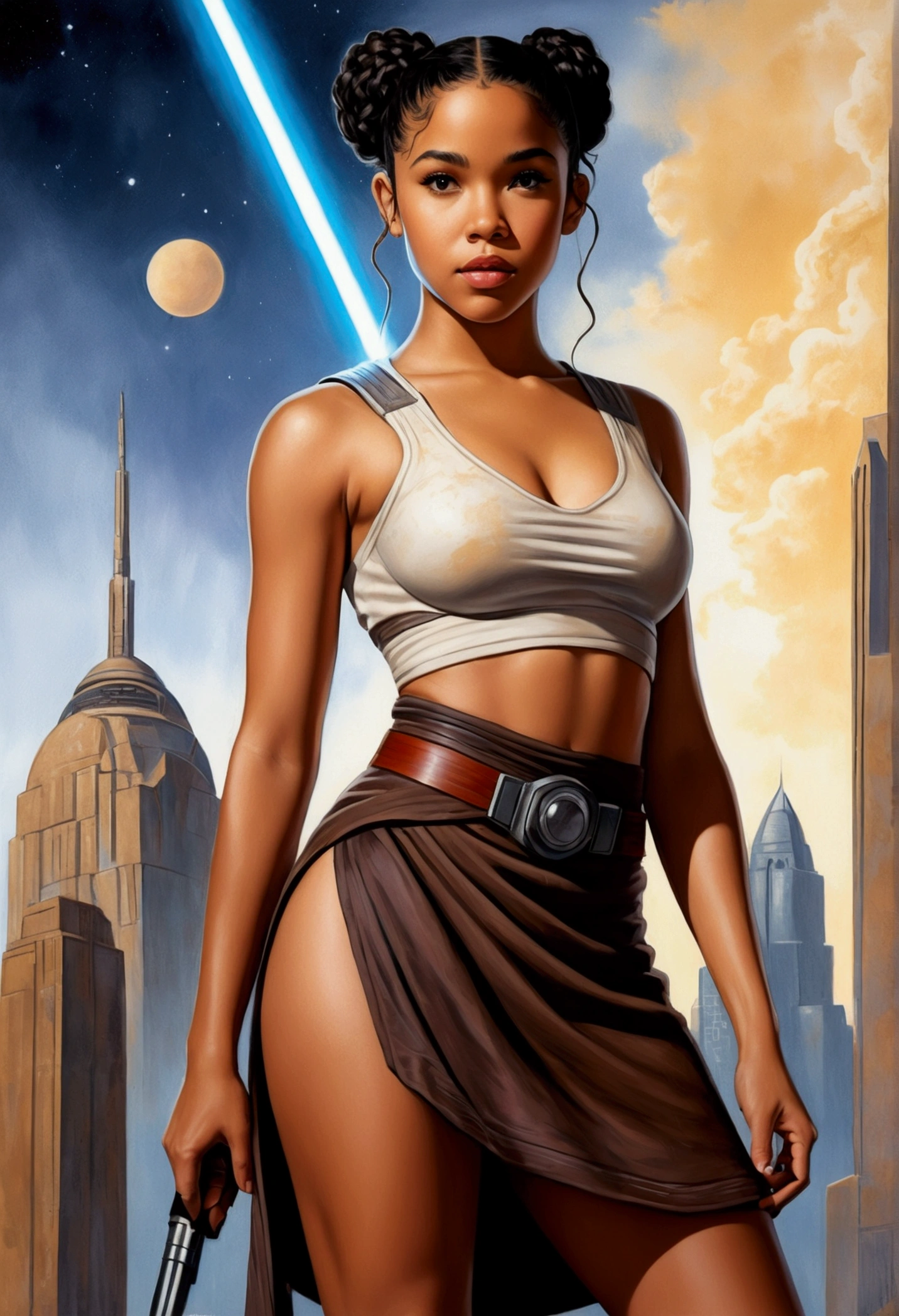 An illustrated movie poster, hand-drawn, full color, a teenage Jedi, 18-years-old, female, wearing a crop top and a skirt, athletic hourglass figure, busty bosoms, full wide hips, massive round butt, long shapely legs, ridiculously thick powerful thighs, hazel eyes, dark hair, curly ponytail, warm brown complexion, resembles Alexandra Shipp, standing above Coruscant, graphite shading, stencil marks, airbrushed acrylic paint, masterpiece, in the style of Drew Struzan