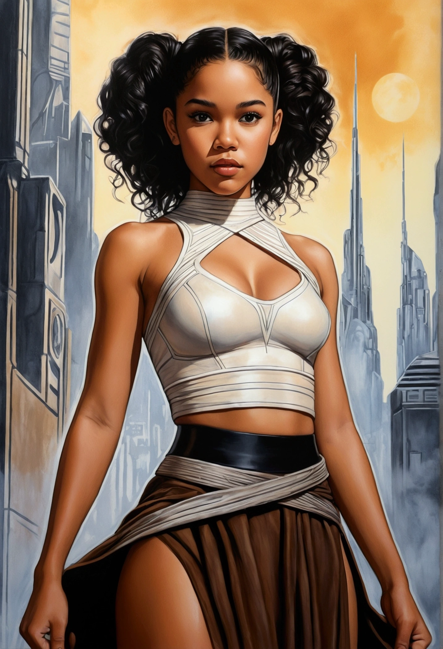 An illustrated movie poster, hand-drawn, full color, a age Jedi, 18-years-old, female, wearing a crop top and a skirt, athletic hourglass figure, busty bosoms, full wide hips, massive round butt, long shapely legs, ridiculously thick powerful thighs, hazel eyes, dark hair, curly ponytail, warm brown complexion, resembles Alexandra Shipp, standing above Coruscant, graphite shading, stencil marks, airbrushed acrylic paint, masterpiece, in the style of Drew Struzan