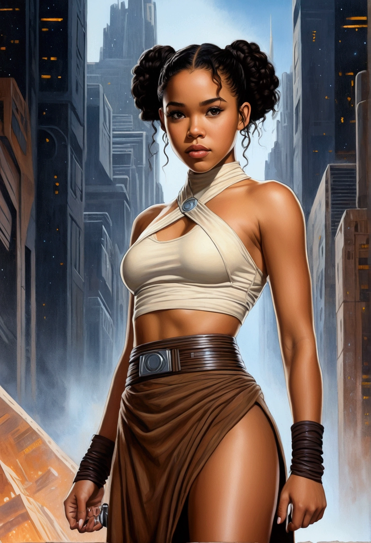 An illustrated movie poster, hand-drawn, full color, a teenage Jedi, 18-years-old, female, wearing a crop top and a skirt, athletic hourglass figure, busty bosoms, full wide hips, massive round butt, long shapely legs, ridiculously thick powerful thighs, hazel eyes, dark hair, curly ponytail, warm brown complexion, resembles Alexandra Shipp, standing above Coruscant, graphite shading, stencil marks, airbrushed acrylic paint, masterpiece, in the style of Drew Struzan