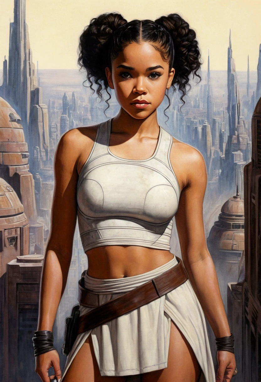 An illustrated movie poster, hand-drawn, full color, a age Jedi, 18-years-old, female, wearing a crop top and a skirt, athletic hourglass figure, busty bosoms, full wide hips, massive round butt, long shapely legs, ridiculously thick powerful thighs, hazel eyes, dark hair, curly ponytail, warm brown complexion, resembles Alexandra Shipp, standing above Coruscant, graphite shading, stencil marks, airbrushed acrylic paint, masterpiece, in the style of Drew Struzan 