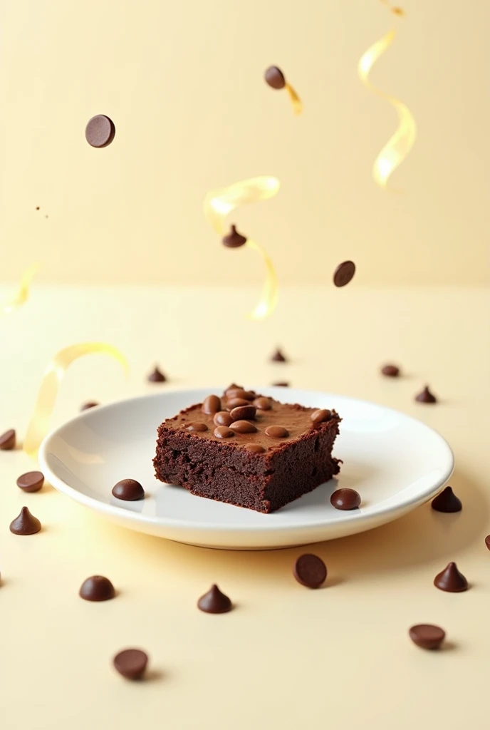 Create background with chocolate white cream and single brownie little piece in plate only , and choco chips falling effects to make this look like an advertising use ai effects.
Middle Space shoud be empty for product . No product in the middle of the photo