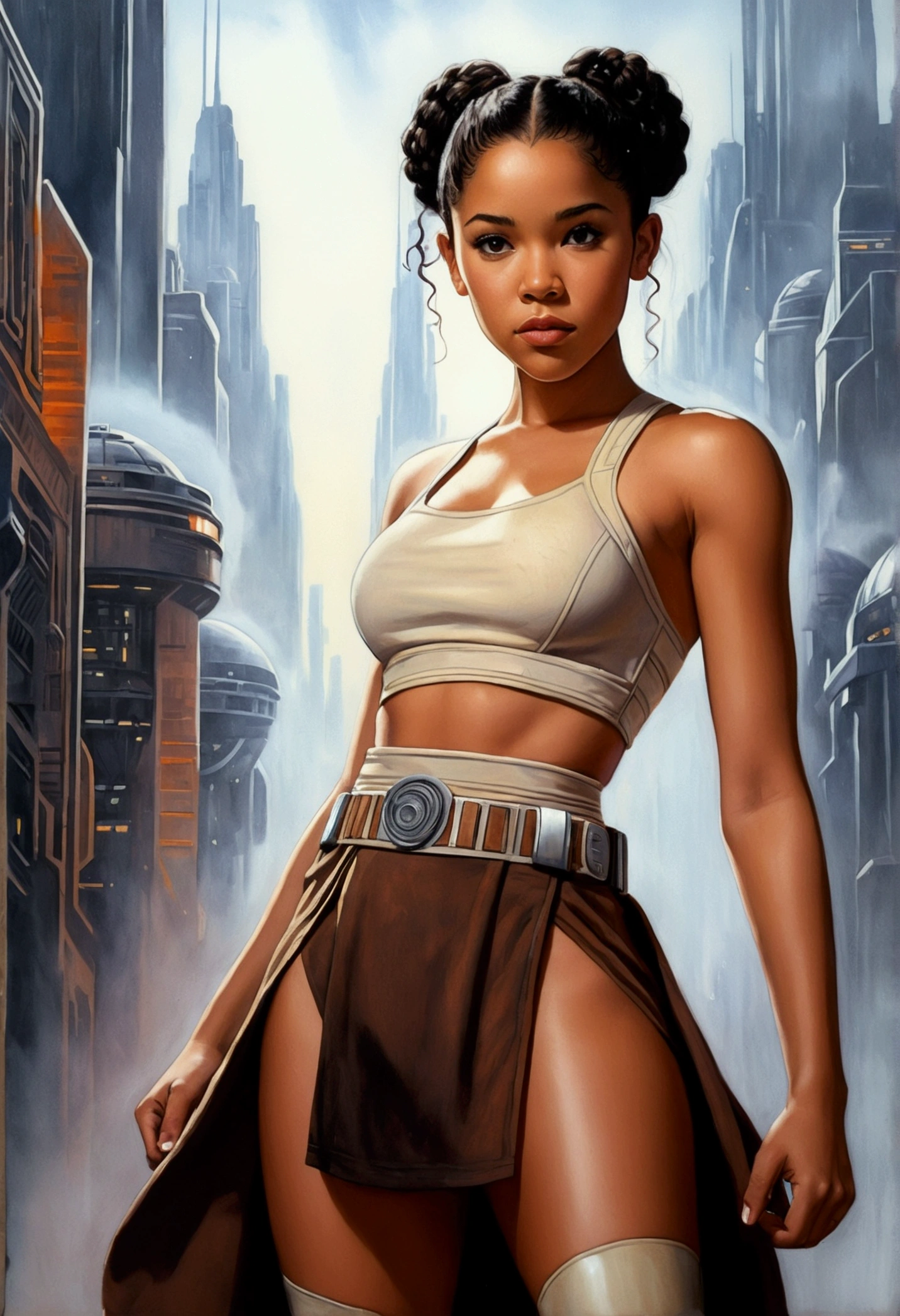 An illustrated movie poster, hand-drawn, full color, a teenage Jedi, 18-years-old, female, wearing a crop top and a skirt, athletic hourglass figure, busty bosoms, full wide hips, massive round butt, long shapely legs, ridiculously thick powerful thighs, hazel eyes, dark hair, curly ponytail, warm brown complexion, resembles Alexandra Shipp, standing above Coruscant, graphite shading, stencil marks, airbrushed acrylic paint, masterpiece, in the style of Drew Struzan 
