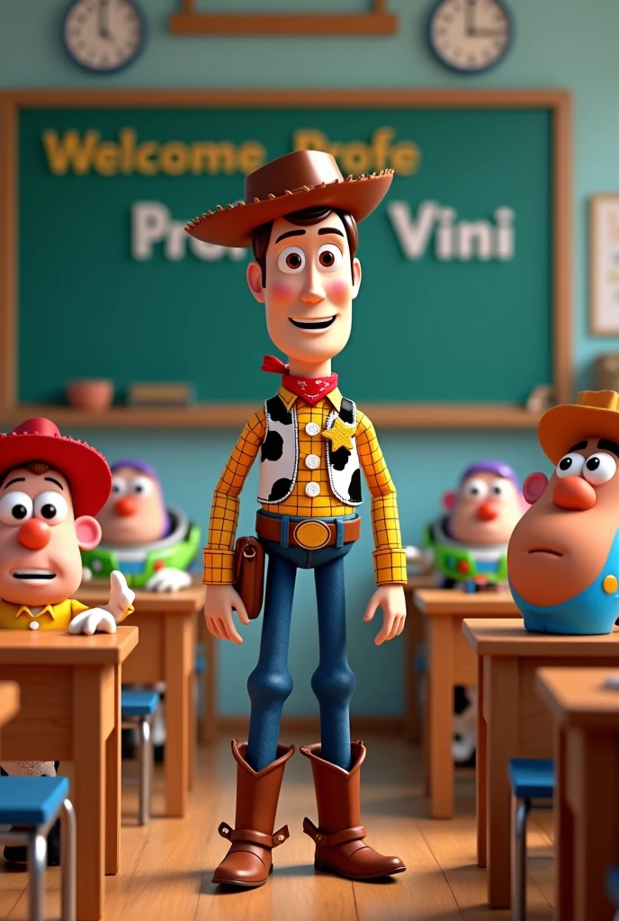 generates an image of a banner with a toy story theme, wody dressed as a teacher, the other characters in a classroom, at the top with the phrase welcome Profe Vini in Latin Spanish