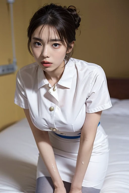 masterpiece, best quality, illustration, Super detailed, fine details, High resolution, 8k,wall paper, perfect dynamic composition,(Details High quality, realistic depiction of eyes:1.3), Hospital Rooms、White nurse cap、White tights、White nurse uniform、standing、Hand skirt、Flipping up a white skirt, large breasts,(updo), black hair color, Big Natural Color Lip, bold sexy pose, crying a little、20 year old girl、cute type、beautiful legs, hposing Gravure Idol, (A big bust that seems to burst:1.20),(Beautiful Big 1:1),,(((Sweating))),
Flushed cheeks Get in the hospital bed