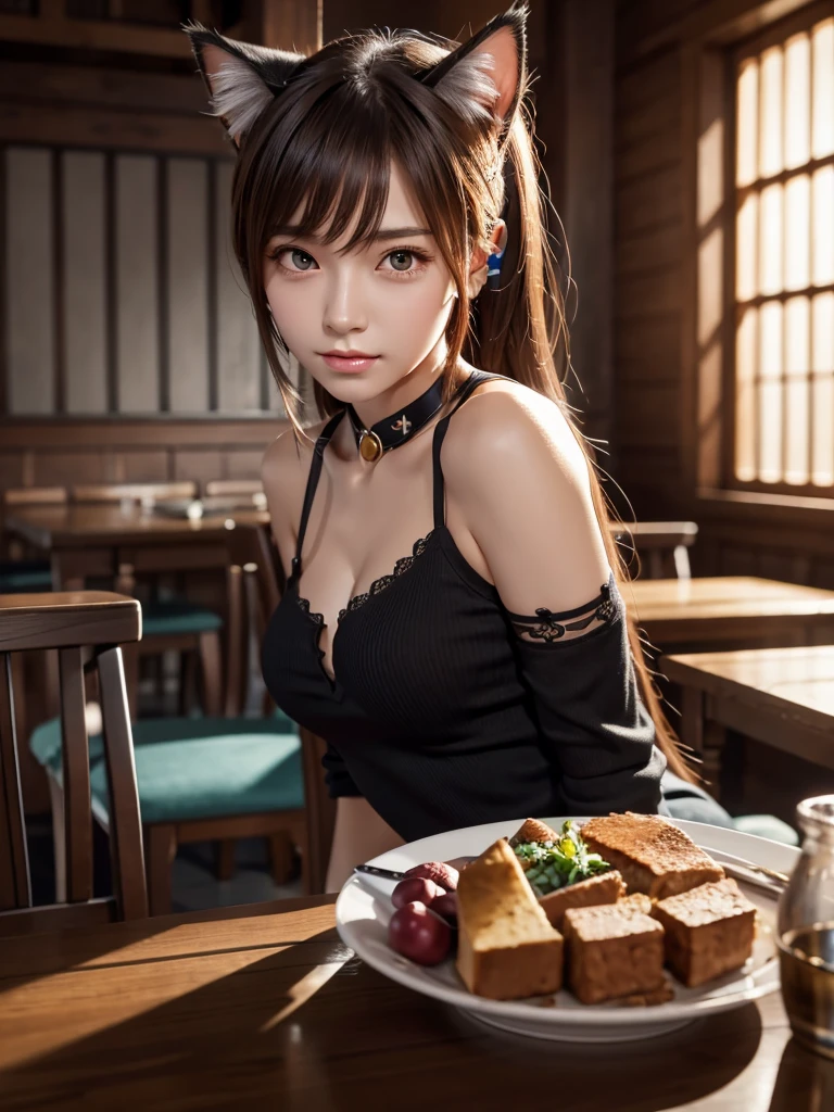 (masterpiece), best quality, ultra high res, close up, slim body, 1girl,, long hair, laughing, ramen, night, Tokyo restaurant background, colorful lights, photon mapping, radiosity, physically-based rendering, cinematic lighting, intricate, High Detail, Sharp focus, dramatic, photorealistic  