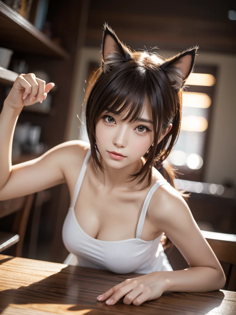 Highest quality、Photorealistic、8K、High resolution、1 girl、woman、(Skin dents)、(Professional Lighting)、(White Slime:1.5)、Gorgeous、((Looking at the viewer:1.6))、Cat ear、Big Breasts、((Bursting Busty :1.3))、RAW Photos, Black Hair, Shiny skin, Wet body