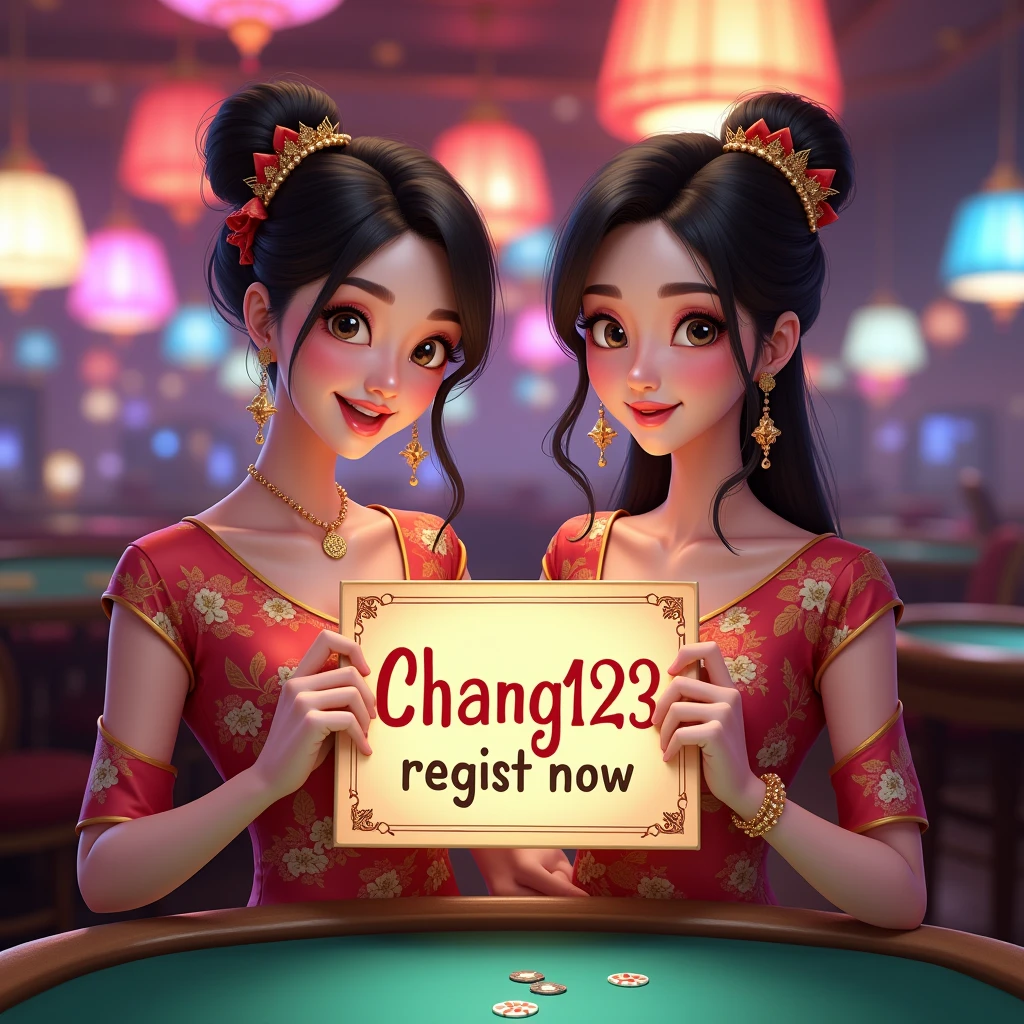 PG SLOT >> [chang123th.featuring] Direct web, upper body, two beautiful Thai women holding a sign "CHANG123 REGIST NOW" Cheerful, Happy, Casino Background, Thai Dress, Real Cartoon Pixar, Broken Chest, Standing Behind Poker Table, White Skin , realistic, fantasy