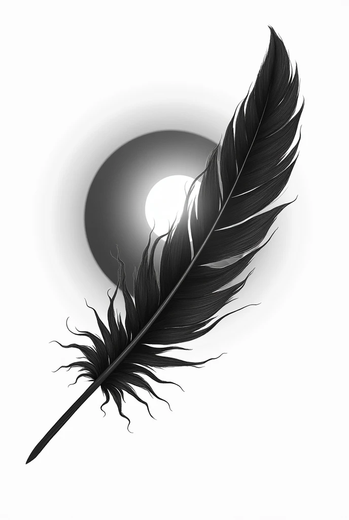 Dessine moi sur un fond blanc un dessin noir et blanc d'un soleil.
Une grand et belle plume de rapace coupe le soleil pour former un Yin et un Yang au centre