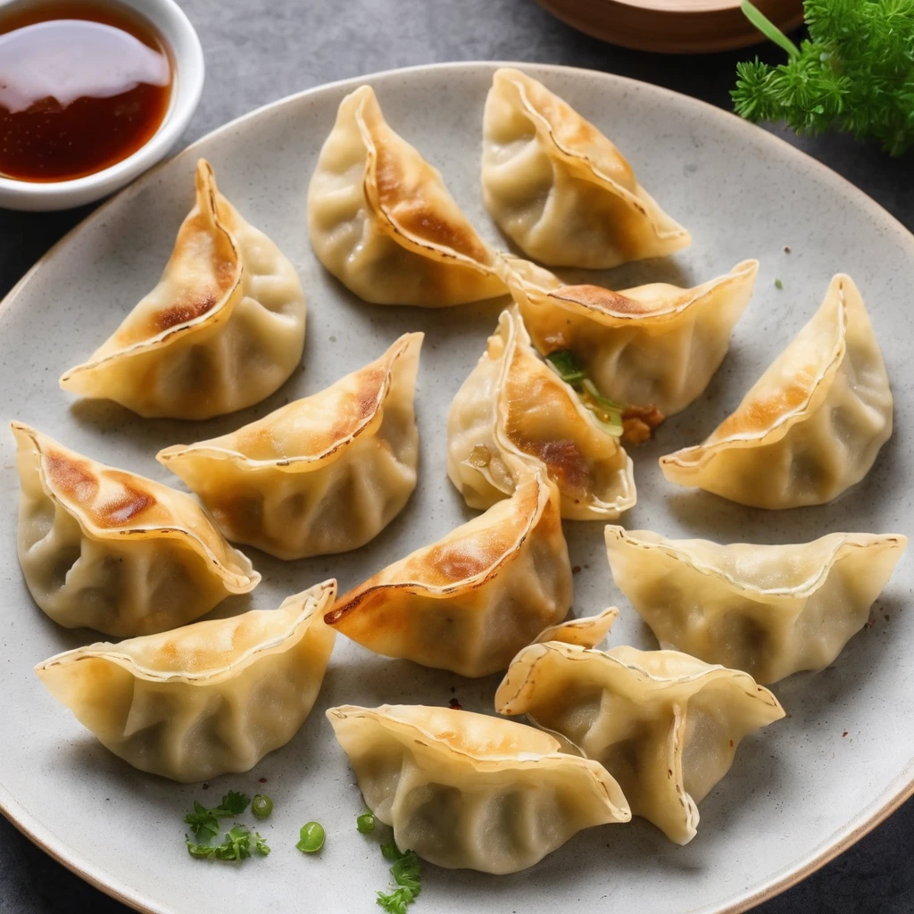 ((One side is brown and discoloured)).((Baked dumplings)),((crescent shaped gyoza:1.********u can see the minced meat through the dough...))、These dumplings are made from wheat flour dough rolled out thinly and shaped into semicircular shapes...、Put a lot of fried dumplings on a plate、Arrange the fried dumplings on a plate to make a mountain shape.