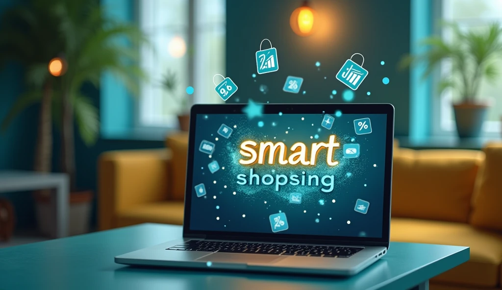 
**"Create an image that showcases a modern and cozy environment with an open laptop on a table, surrounded by floating shopping and discount icons. In the center of the image, highlight the text 'Smart Shopping' in an elegant and eye-catching font. The color palette should be vibrant, featuring shades of blue, green, and yellow, conveying a sense of trust and savings."**

