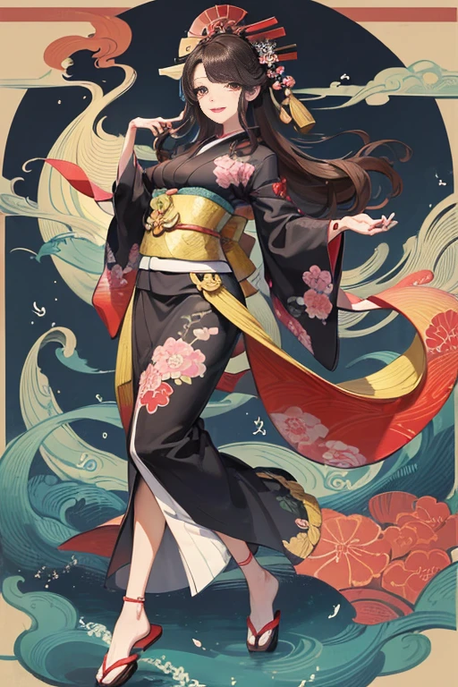 A beautiful woman smiles and shows her upper white teeth、Vividly colored Japanese Ukiyo-e style illustrations、(SeaArt creates stunning illustrations of beautiful women in kimono)、Brown-black long hair、Beautiful full body style、Let's dance a little Tokyo Ondo Yoiyoi、Beautiful digital painting,、Bright vibrant digital anime art、 Detailed digital anime art、 Beautiful anime portraits、background、Torii gate of a shrine in Kyoto, Japan、Detailed CG、