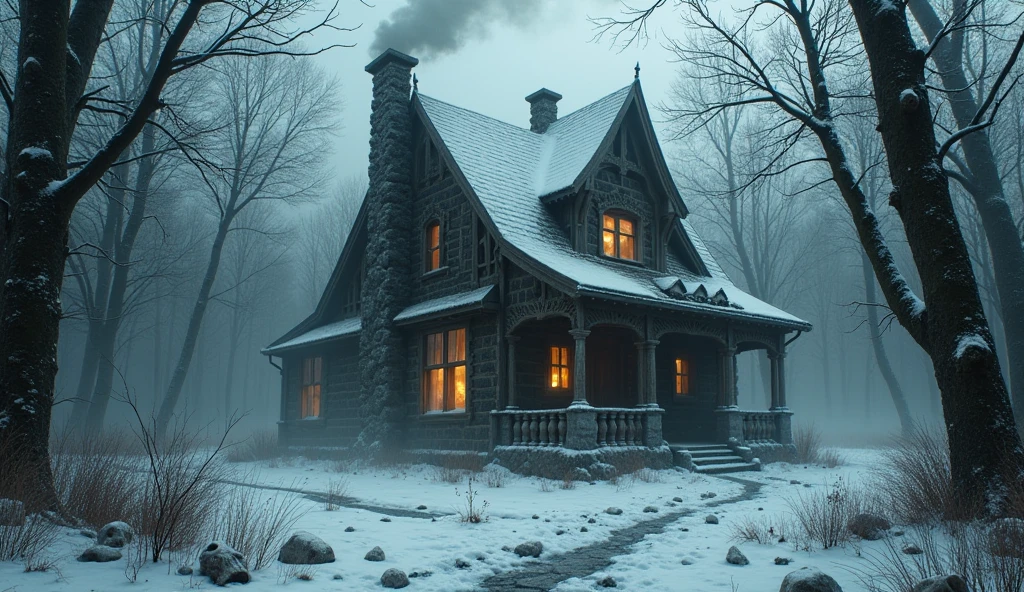 scary house in winter forest made of human bones light is visible from windows smoke from the chimney, smoke turns into ghosts, human skeletons