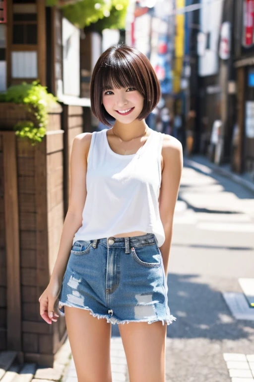 1 japanese woman, short hair, wearing white tunk top, short denim,full body, smile