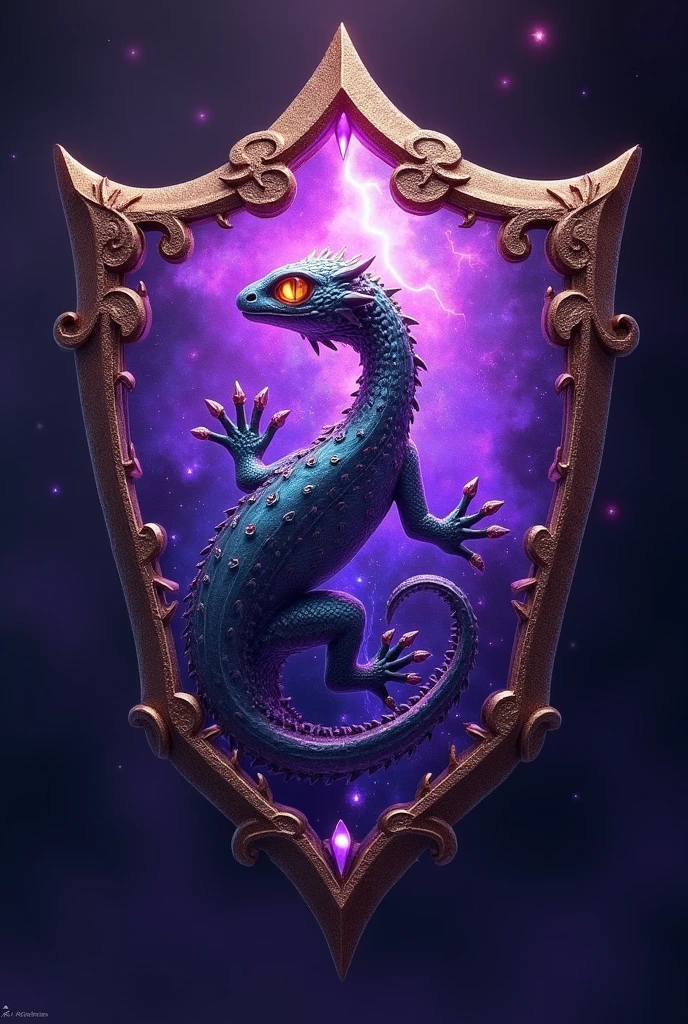 The emblem looked like a shield brooch with a Basilisk filling the frame. And it's a sky purple theme and with little bit magic.