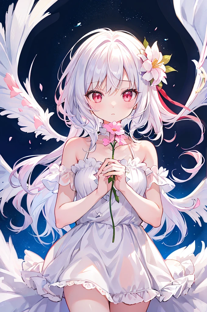 beautiful picture, best quality, a cute girl, pastel colors, Long white hair, red eyes, cute expression, Exposed shoulders, White clothes, fluttering clothes and hair, angel, bedroom, Huge wings, flower, uhd, 16K, best quality, high details, high quality, super detail, textured skin, masterpiece