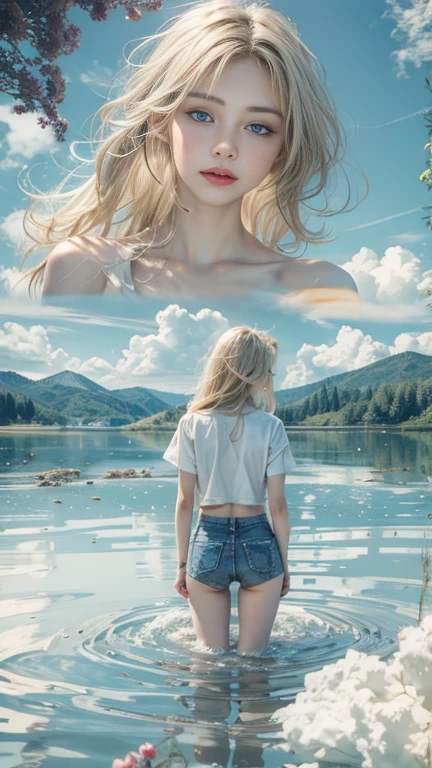 (masterpiece: 1.2, Portraiture, Highest quality), Realistic, (Live Action, Intricate details, Written boundary depth), Highest quality, masterpiece, Attention to detail, semi-Realistic, Swimming in the lake, shy, 2, Short blonde, blue eyes, blonde、 Slim figure、Shoulder Bare、Shorts and T-shirt 、Blue sky and a few clouds、Shoulder Bare